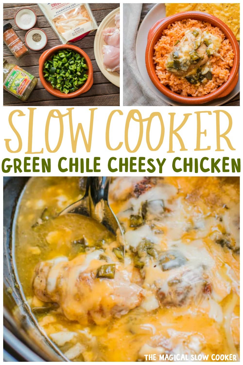 collage of green chile chicken images for pinterest