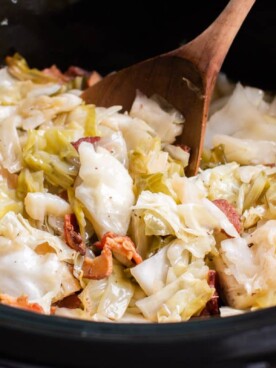 close up of crockpot cabbage and bacon