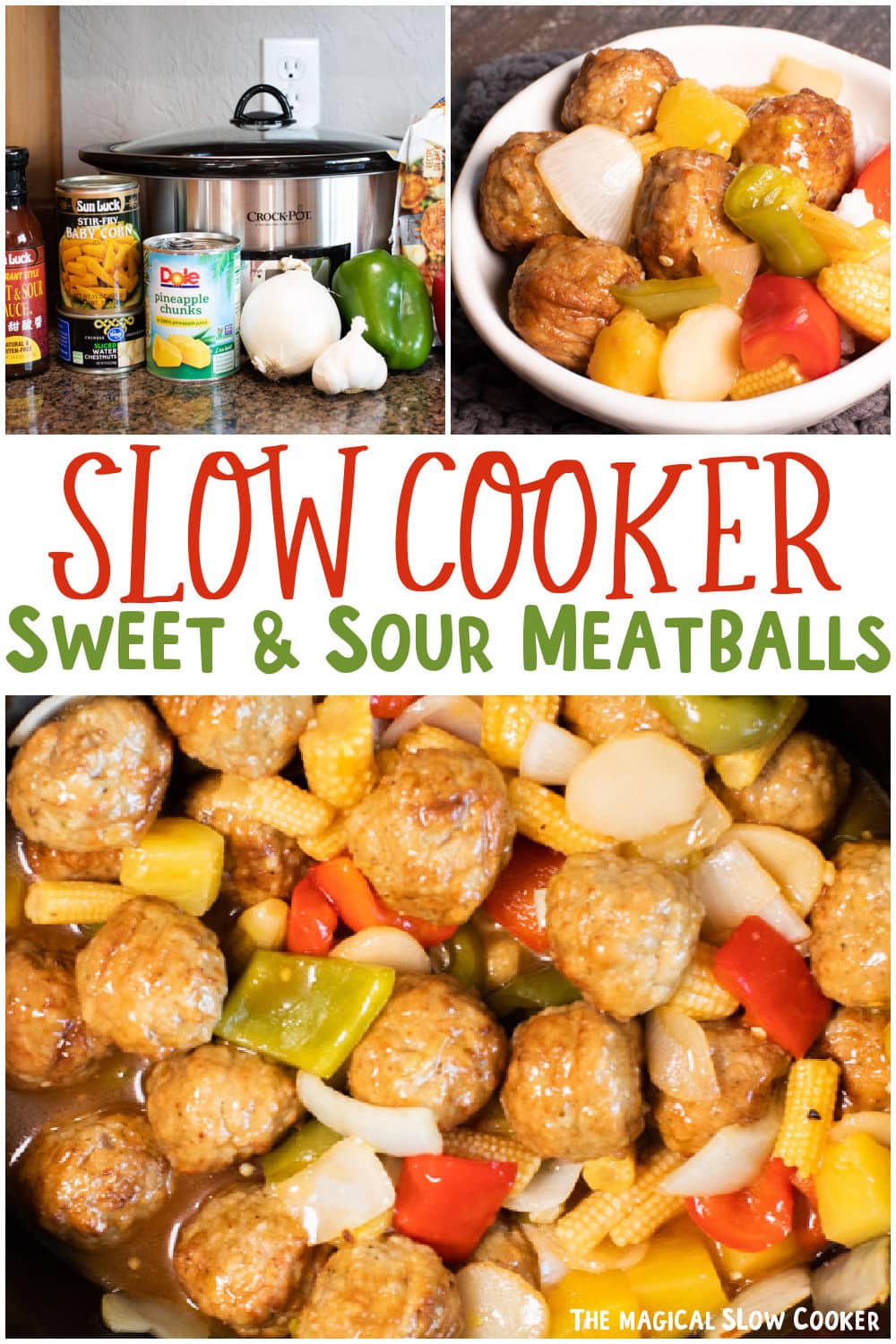 collage of sweet and sour meatballs images with text over lay for pinterest