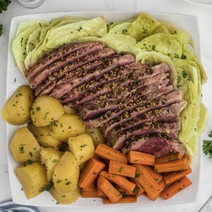 tray of corned beef and cabbage.