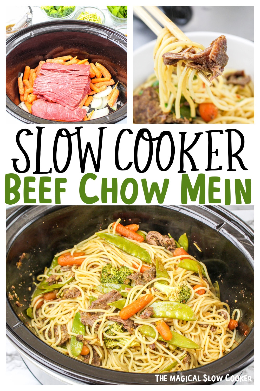 collage of beef chow mein images with text overlay for pinterest
