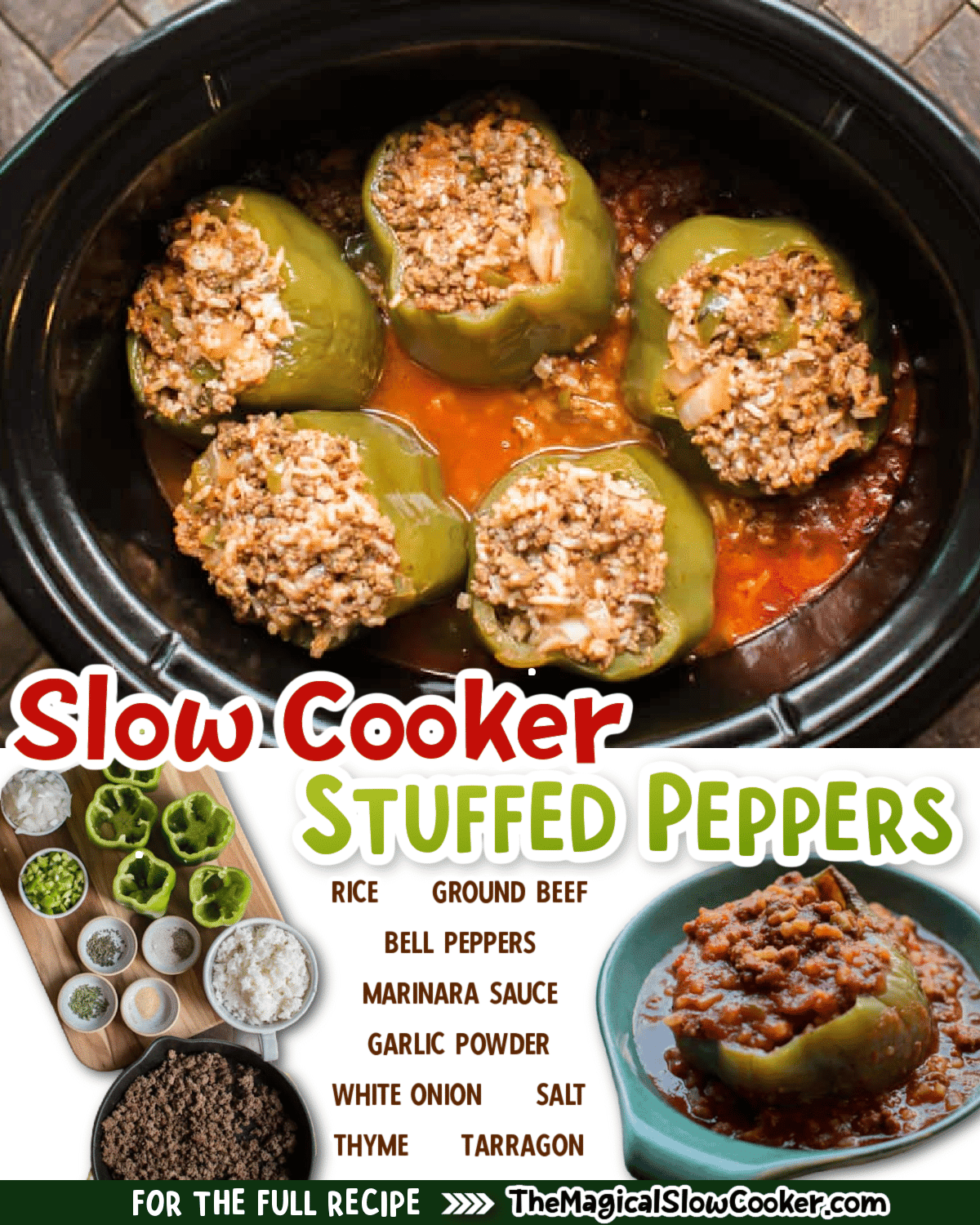 Images of stuffed peppers with text overlay of what the ingredients are.