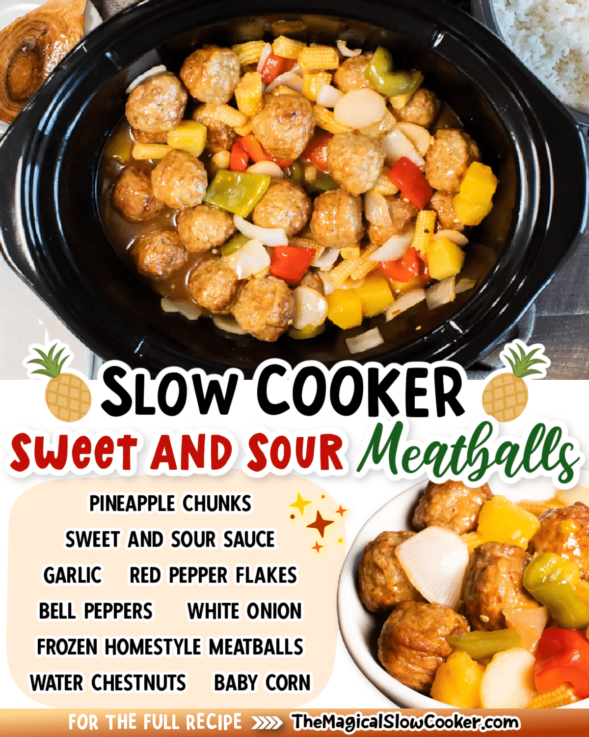 Sweet and sour meatballs images with text of what the ingredients are.