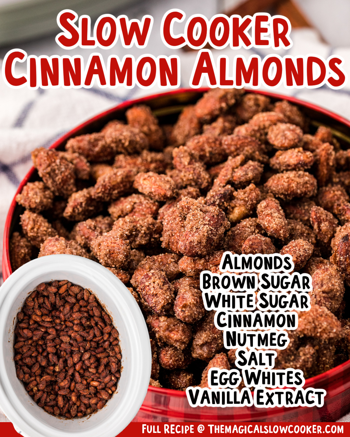 images of cinnamon almonds with text of ingredients for facebook.