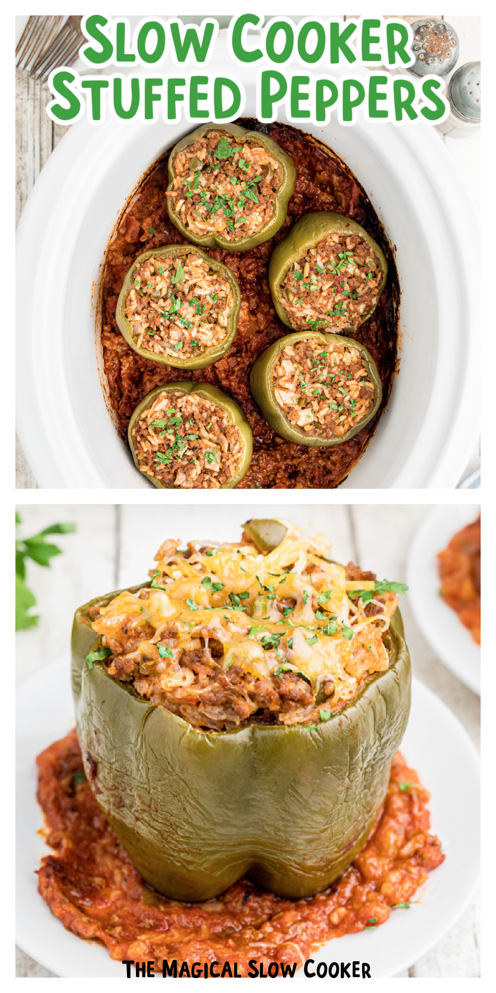 2 images of beef stuffed peppers in crockpot for pinterest.