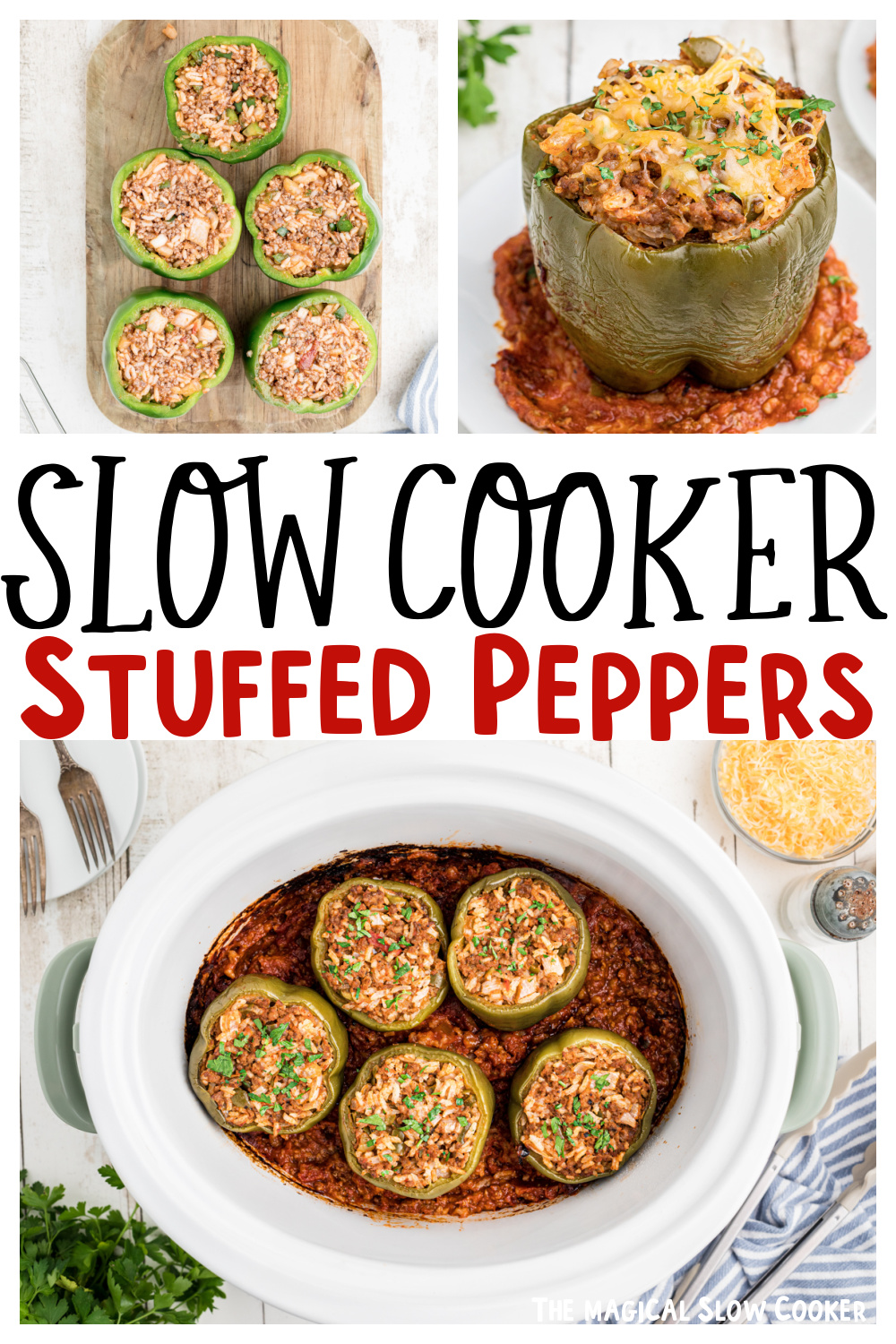 stuffed peppers images with text overlay.