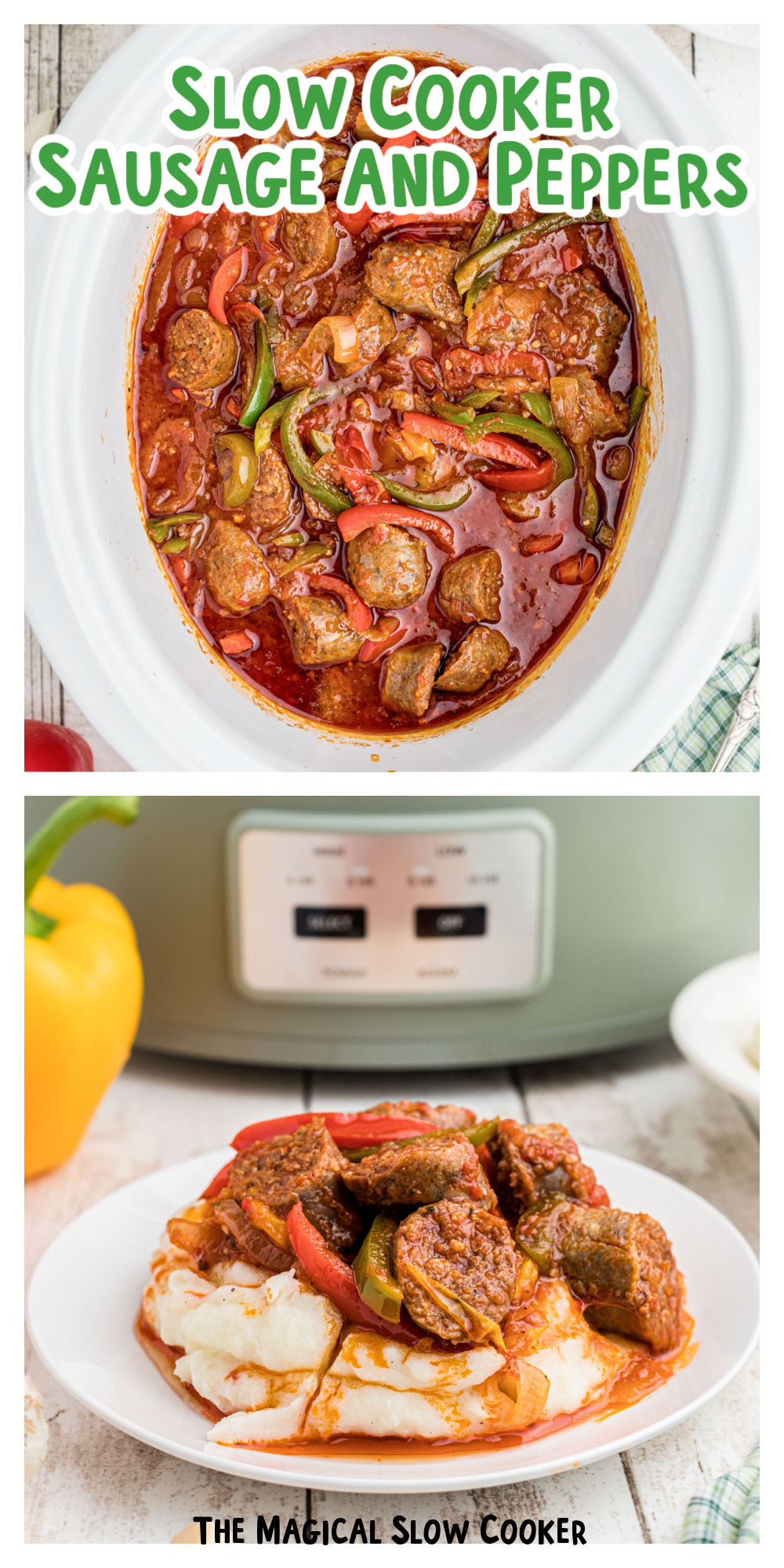 2 images of peppers and sausage in a crockpot.