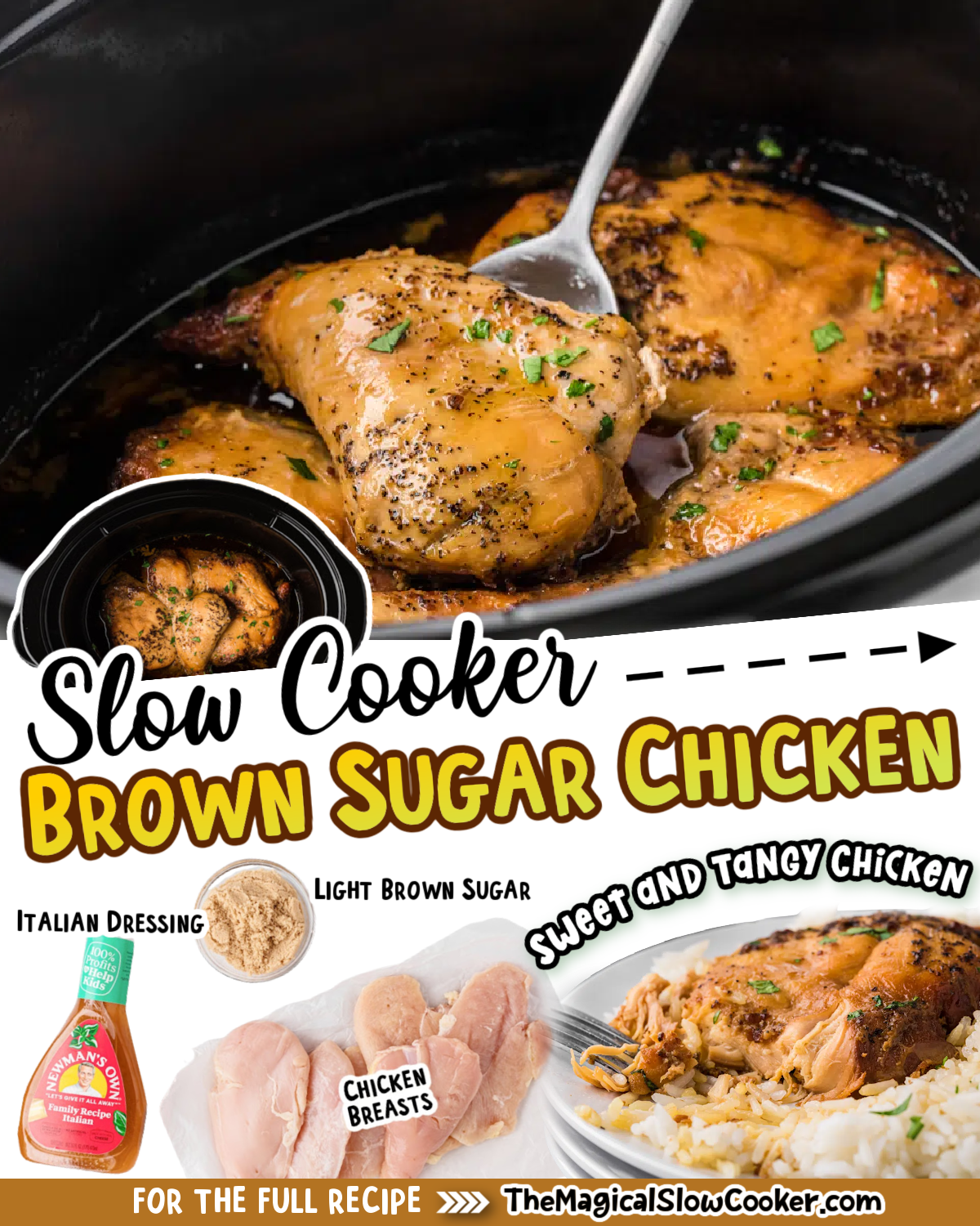 Brown sugar chicken images text of the ingredients for facebook and pinterest.
