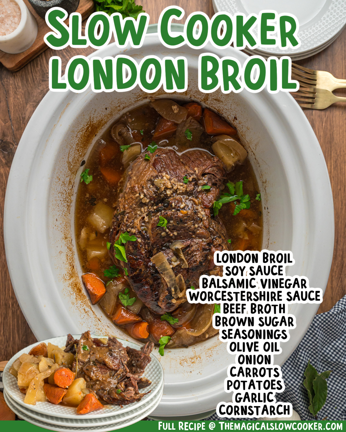 two images of slow cooker london broil with text list of ingredients.