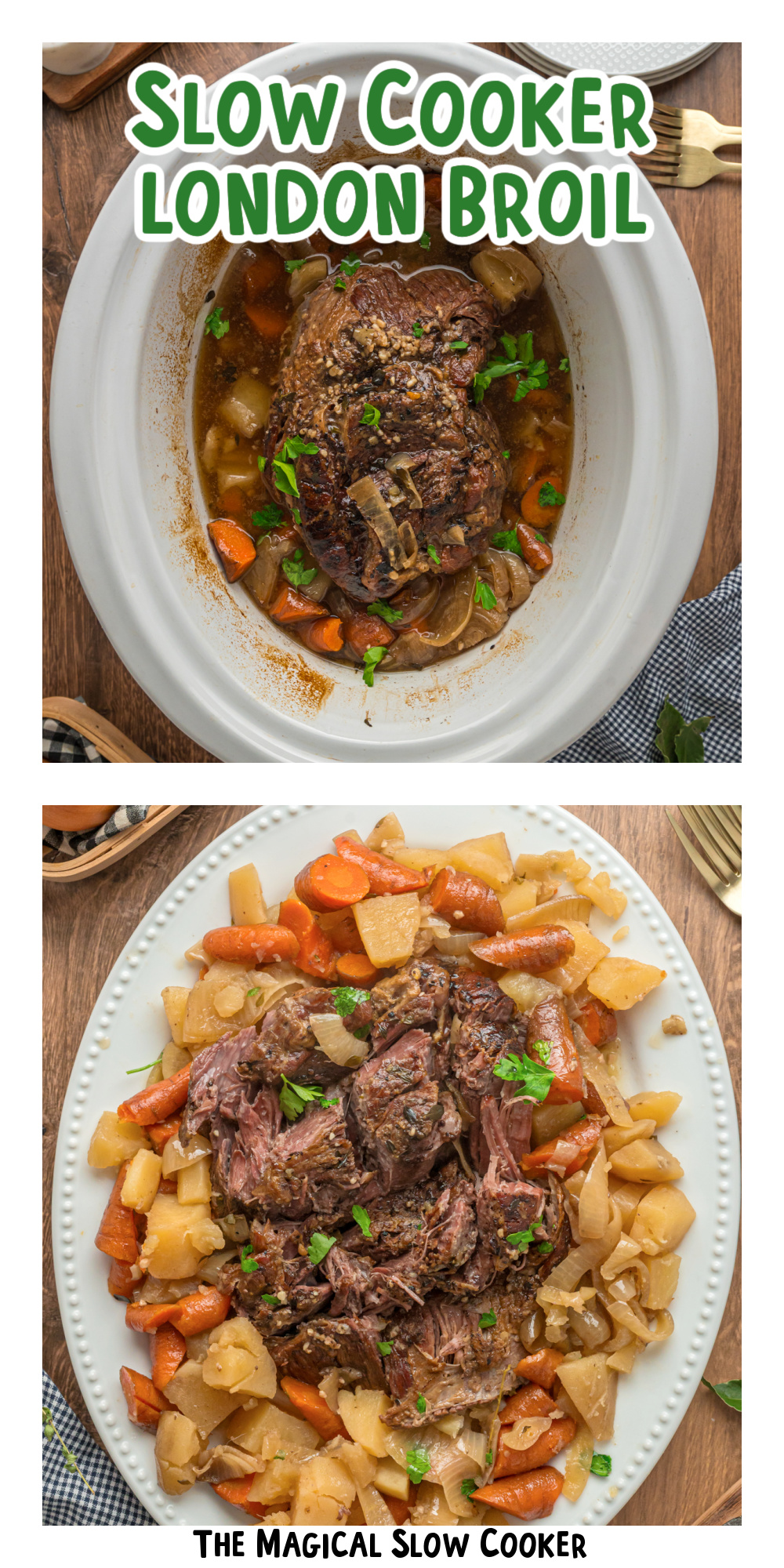 two images of slow cooker london broil with text title overlay.