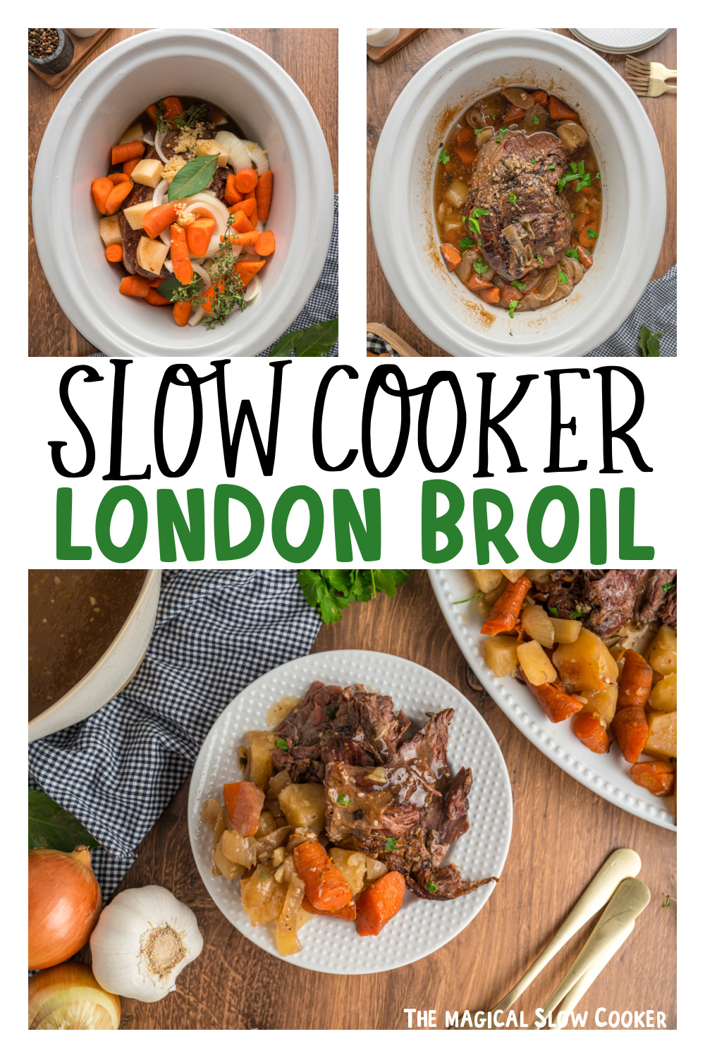 three images of slow cooker london broil for pinterest.