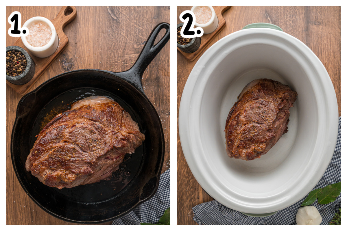 two images showing how to make slow cooker london broil.