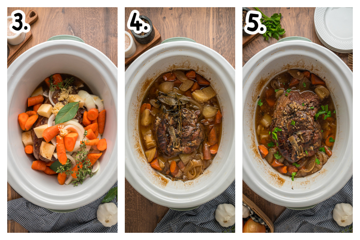 three images showing how to make slow cooker london broil.