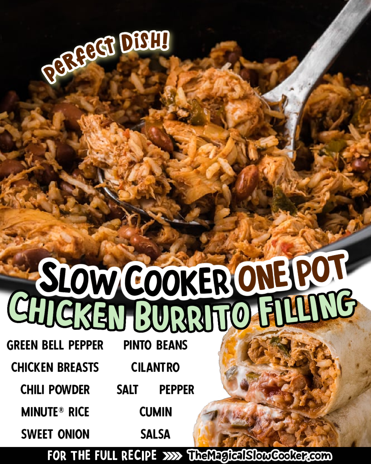 Images of chicken burrito filling with text of what the ingredients are for facebook.