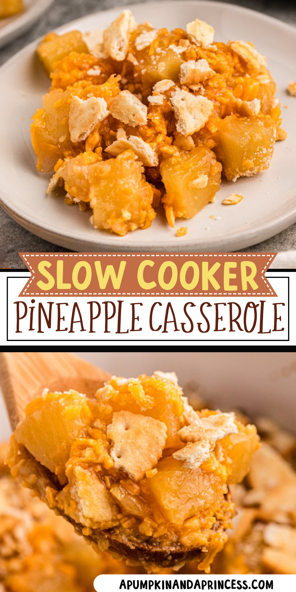 long image of pineapple casseroel with text overlay.