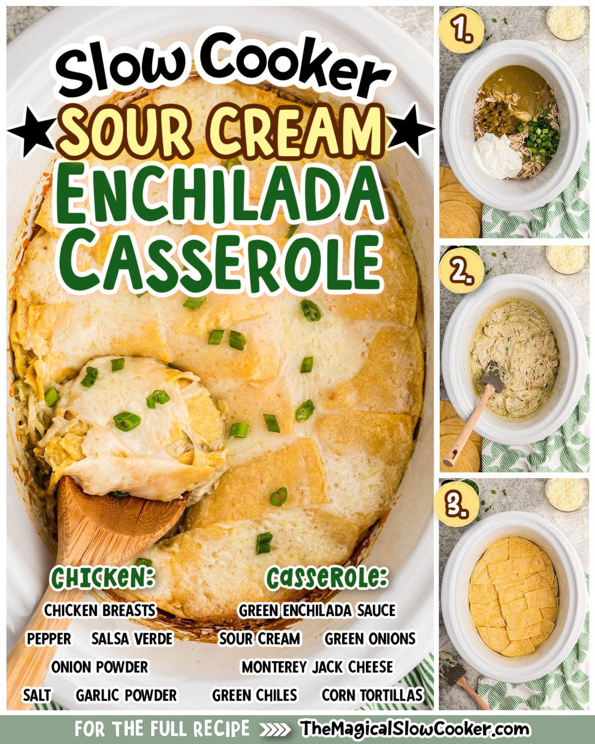 sour cream chicken enchilada images with text of what the ingredients are.
