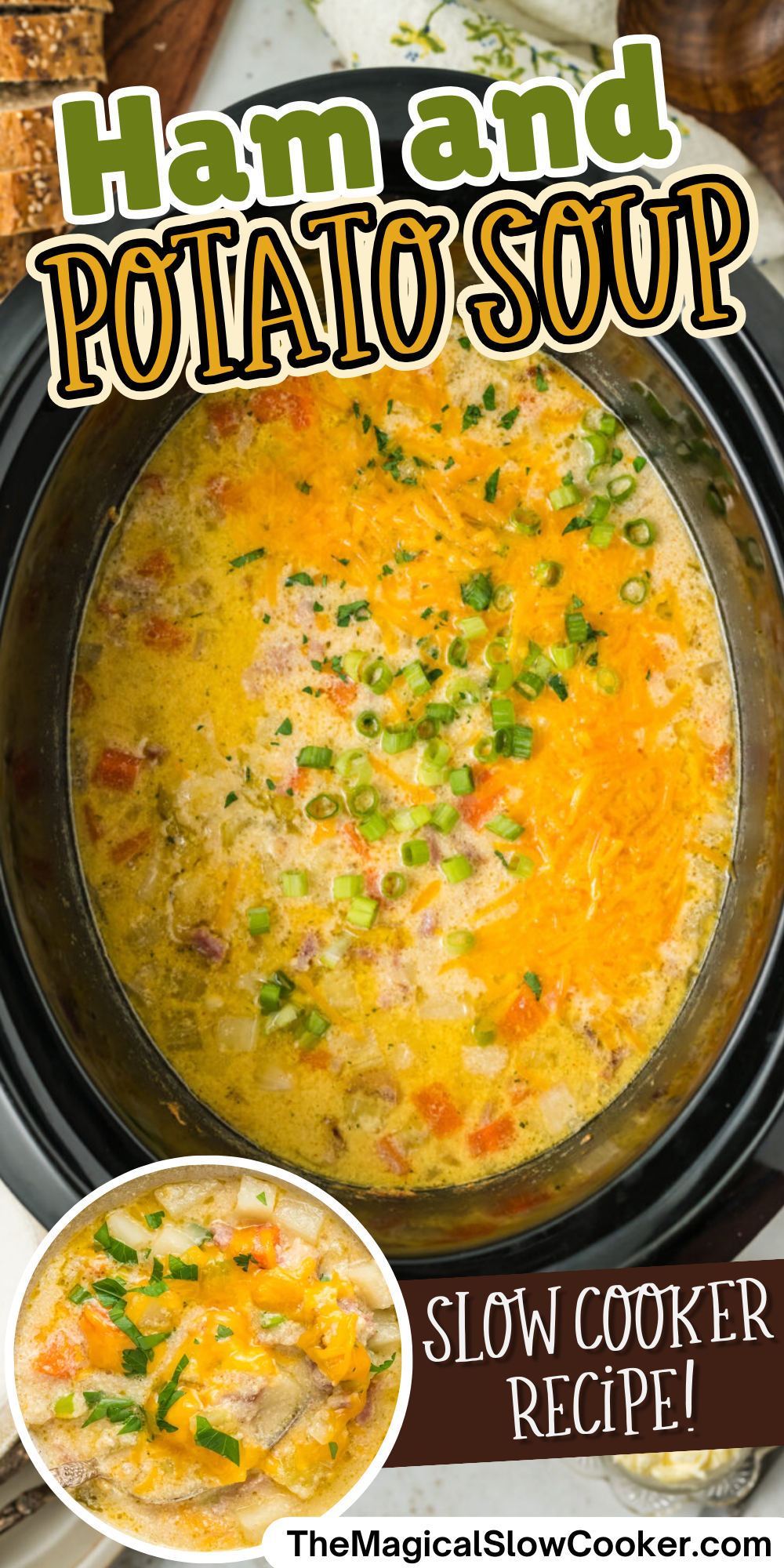 Ham and potato Soup photos with text overlay for pinterest.
